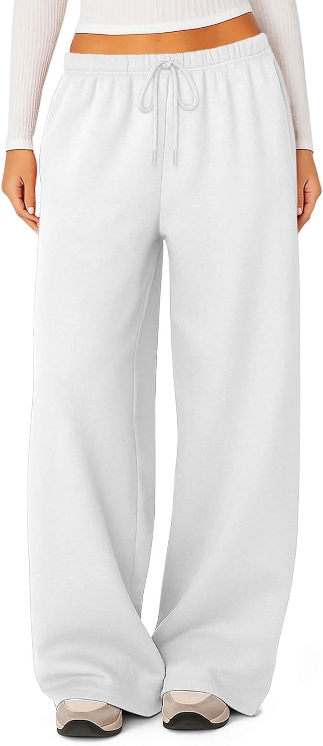 HeSaYep Women's Fleece Lined Sweatpants Winter Warm Wide Leg Sweat Pants Baggy Casual Pants with Pockets White X-Small