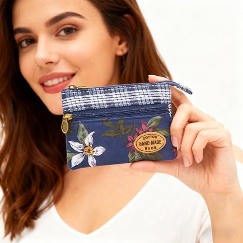 Image of Women Small Zipper Coin Purse, Handmade Fabric Flower Embroidered Change Pouch, Cotton Double Zipper Wallet