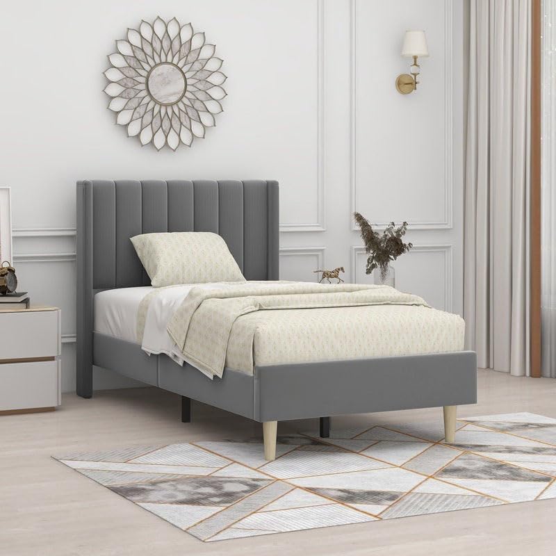 STRATA FURNITURE Upholstered Single Size Bed Without Storage for Bedroom Furniture Solid Wood Fabric Bed Wooden Single Bed Cot Palang for Home Living Room and Hotels (Grey)