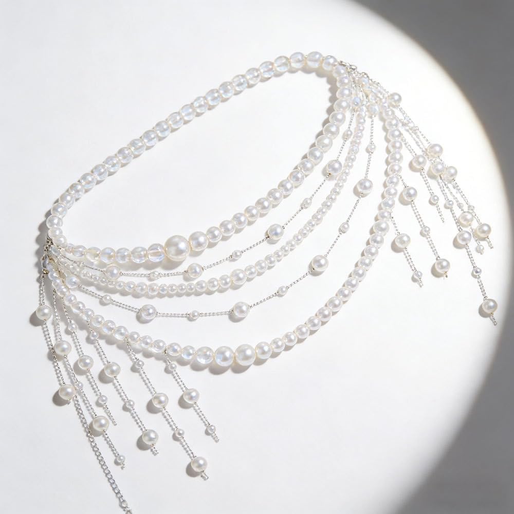 Multi Layered Pearl Waist Chain Belt Elegant White Pearl Belly Chain with Tassel Pendant Stylish Belt Hip Body Chain for Festival Rave Party Wedding Bridal Dress Sweater Jeans Decor Accessories