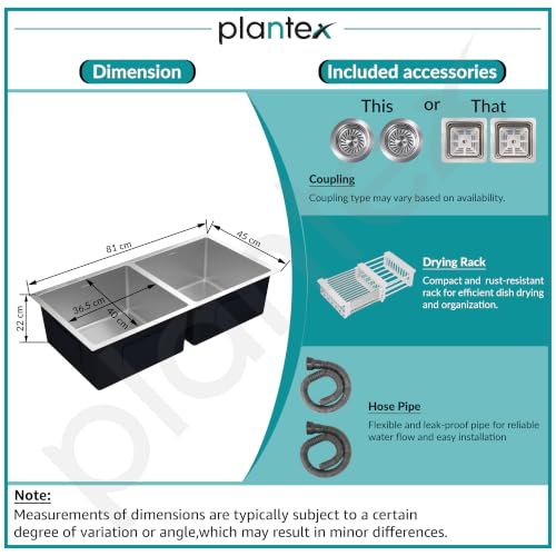 Image of Plantex Double Bowl Sink for Kitchen /Heavy Duty Stainless Steel Sink with 25 Years Warranty by Plantex /Handmade Kitchen Sink with Drying Rack, Hose Pipe and Coupling (Silver Matt - 32x18x9 Inches)