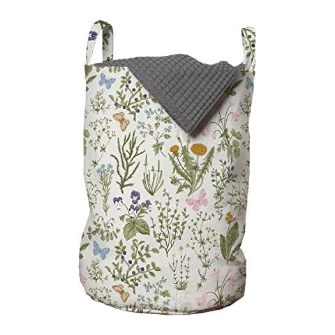 Ambesonne Floral Laundry Bag, A Vintage Garden and Plants Herbs Flowers Botanical Classic Design, Hamper Basket with Handles Drawstring Closure Organizer for Laundromats, 13" x 19", Reseda Green Beige Cover