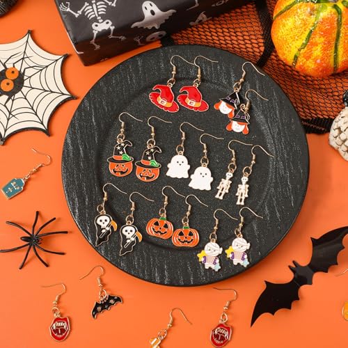 16 Pairs Halloween Enamel Earrings for Women Teen Girls Pumpkin Spider Bat Black Cat Ghost Boo Witch Hat Candy Spooky Earrings Halloween Earring Set for Holiday Decoration4