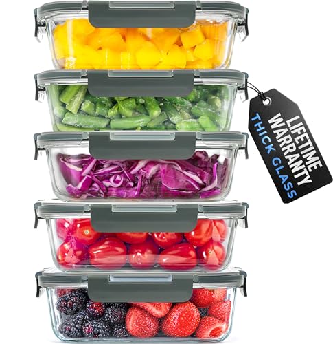 Zulay Kitchen 5 Piece Large 36oz Glass Tupperware Container Set with Lids - Premium BPA Free Borosilicate Glass Food Storage Containers - Leak-Proof Meal Prep - Microwave, Freezer & Oven Safe - Gray