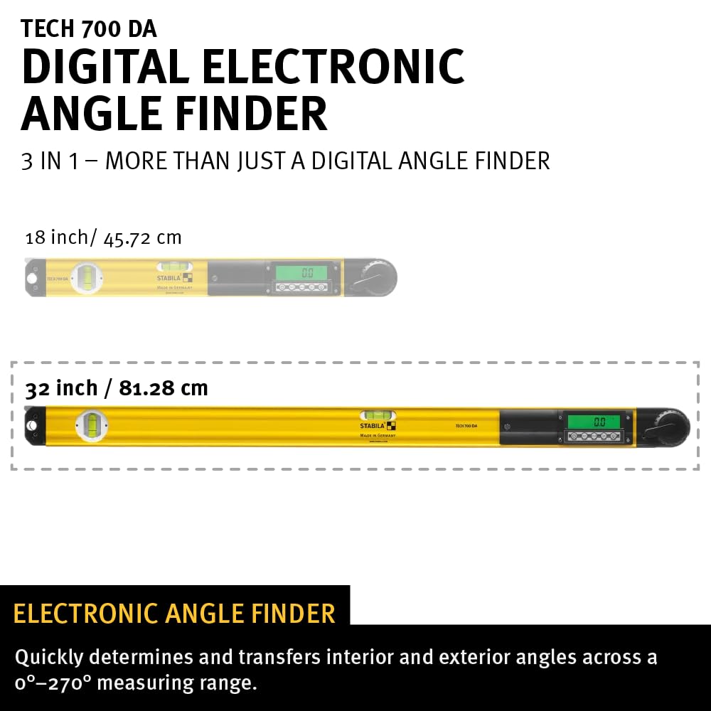 Stabila 39032 TECH 700 DA medidor de ángulo electrónico digital, de 32 pulgadas, nivel de burbuja y bisel