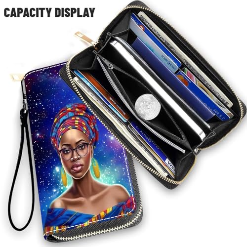 Wallet,Large Capacity RFID Blocking Leather Wallet, Durable Smooth Zipper Clutch,Unisex Travel Wallet for Cards,Cash,and Coins - African American Women2