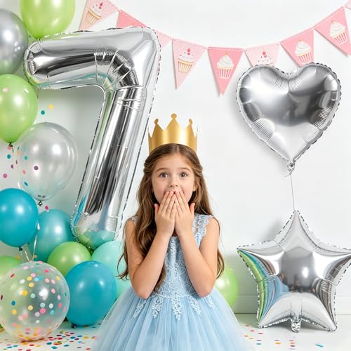 Image of TONIFUL 7th Birthday Balloons Kit 40Inch Silver Large Number 7 Foil Balloon | with 18Inch Helium Mylar Heart Star Balloons for Kids Women Men Birthday Anniversary Graduation New Year Eve Party Decoration