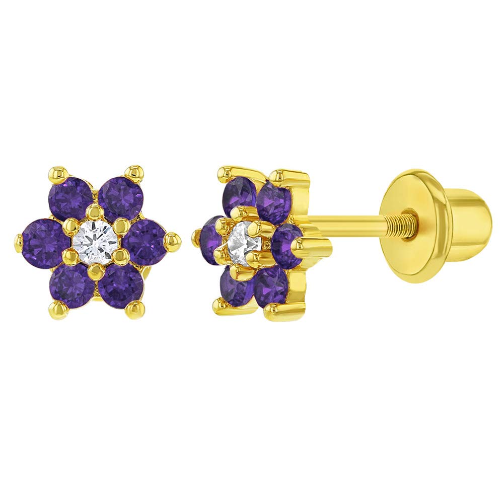 Gold Plated Purple and White CrZ Flower Girls Safety Screw Back Earrings 5mm - Beautiful and Quality Cubic Zirconia Flower Earrings from Baby Girls to Pre-Teens