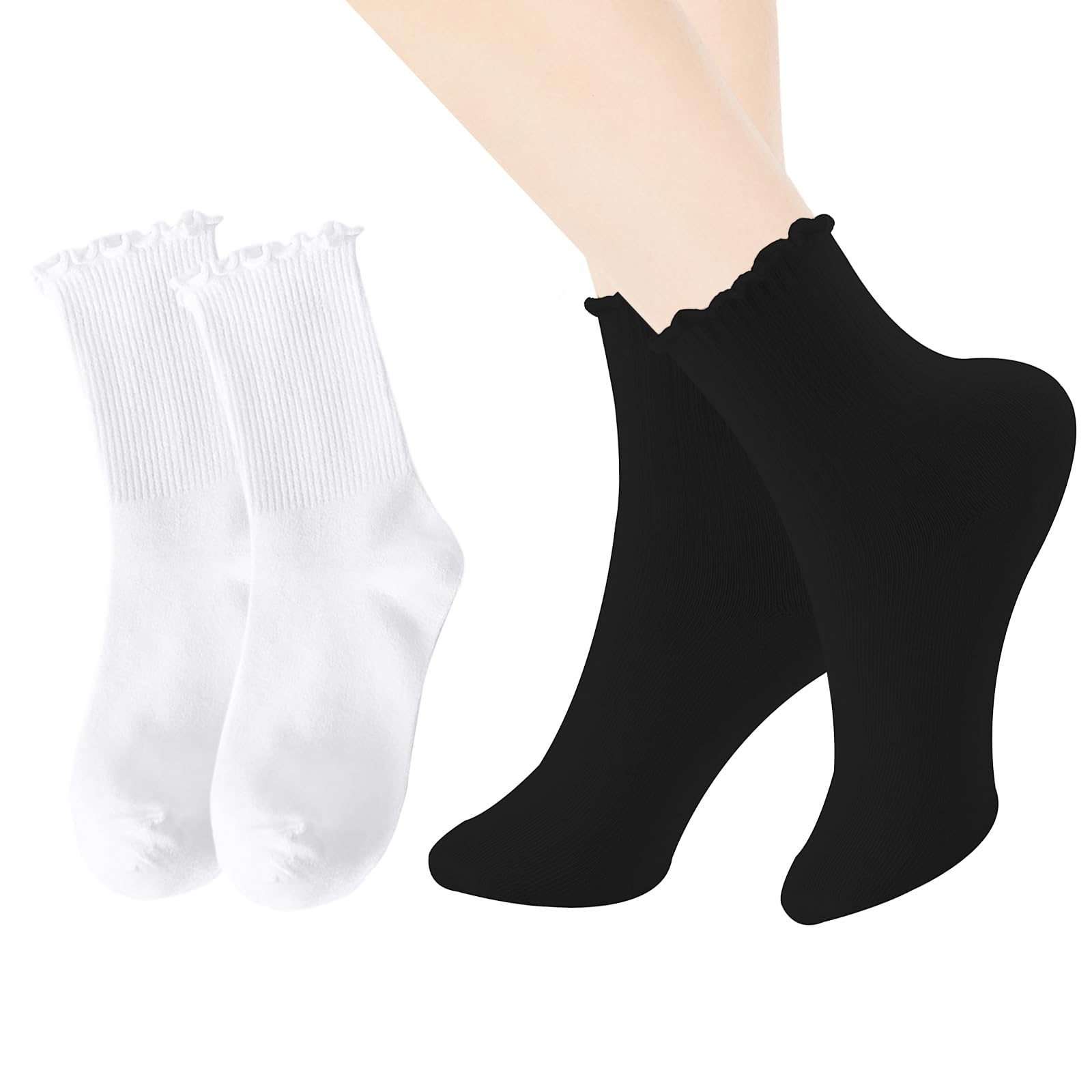 JINXIAN 10 Paires Chaussettes Femme Froufrou Volants Coton - Lot 5 Noir + 5 Blanc, Dentelle Respirante, Taille 36-42