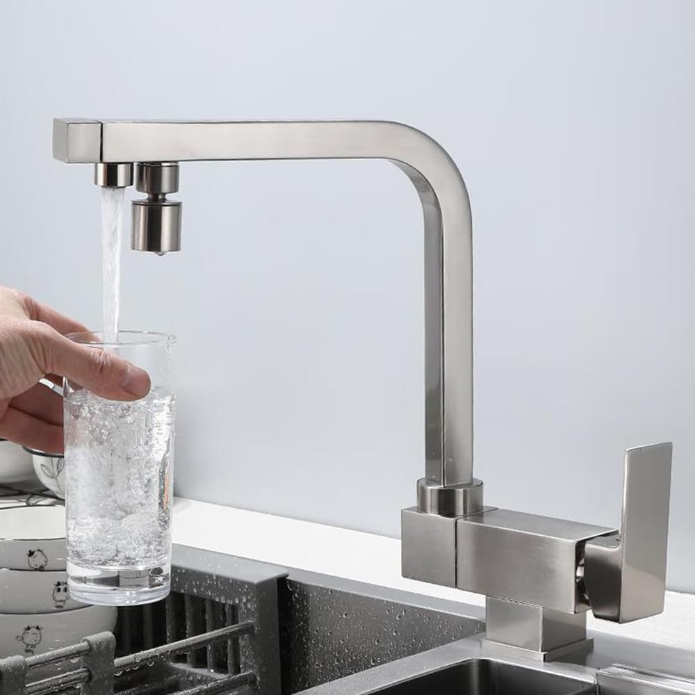 Grifo Cocina 3 Vias Osmosis Plegable Giratorio a 360° Latón Grifo Abatible 3 Vias-Cepillado