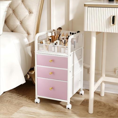 Image of Rolling Makeup Vanity Cart, Makeup Organizer with Drawers, Rolling Makeup Bathroom Storage Cart, Cosmetic Vanity Display Cases Holder for Nail Polish Brush Hair Tool (Pink)