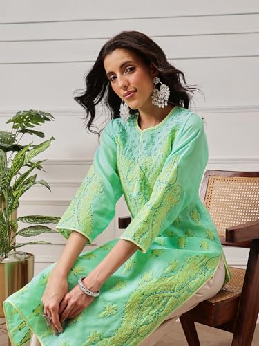 Image of Ada Lucknowi Hand Embroidered Chikankari Cotton Kurta Kurti Tunic for Women A253605 (Sea Green, 3XL)