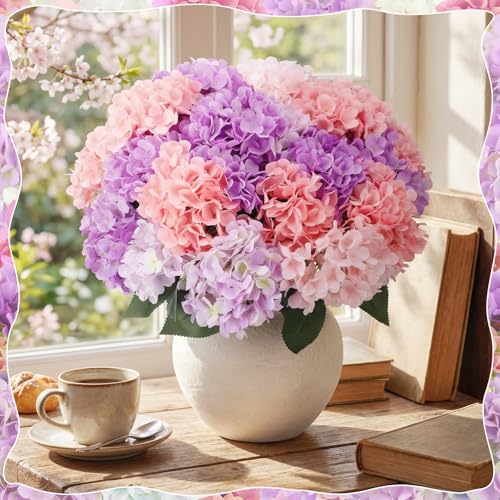 Image of Suncalla Pink and Purple 6 Bundles Hydrangea Artificial Flowers Bulk 30 Heads 20'' Faux Fake Hydrangea for Spring Graves Easter Decor Porch Indoor Outdoor Home Garden Wedding Table Centerpieces
