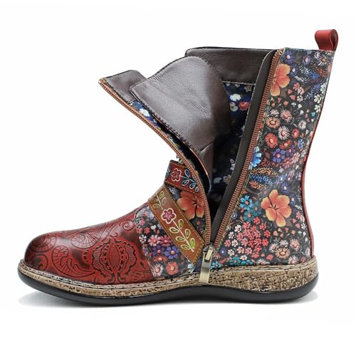 Socofy Leather Mid Calf Boots Autumn Winter Ankle Boots for Women, Riding Boots Vintage Side Zipper Short Boots Bohemian Floral Pattern Boots Outdoor Round Toe Flat Casual Antil Slip Comfort Walking4