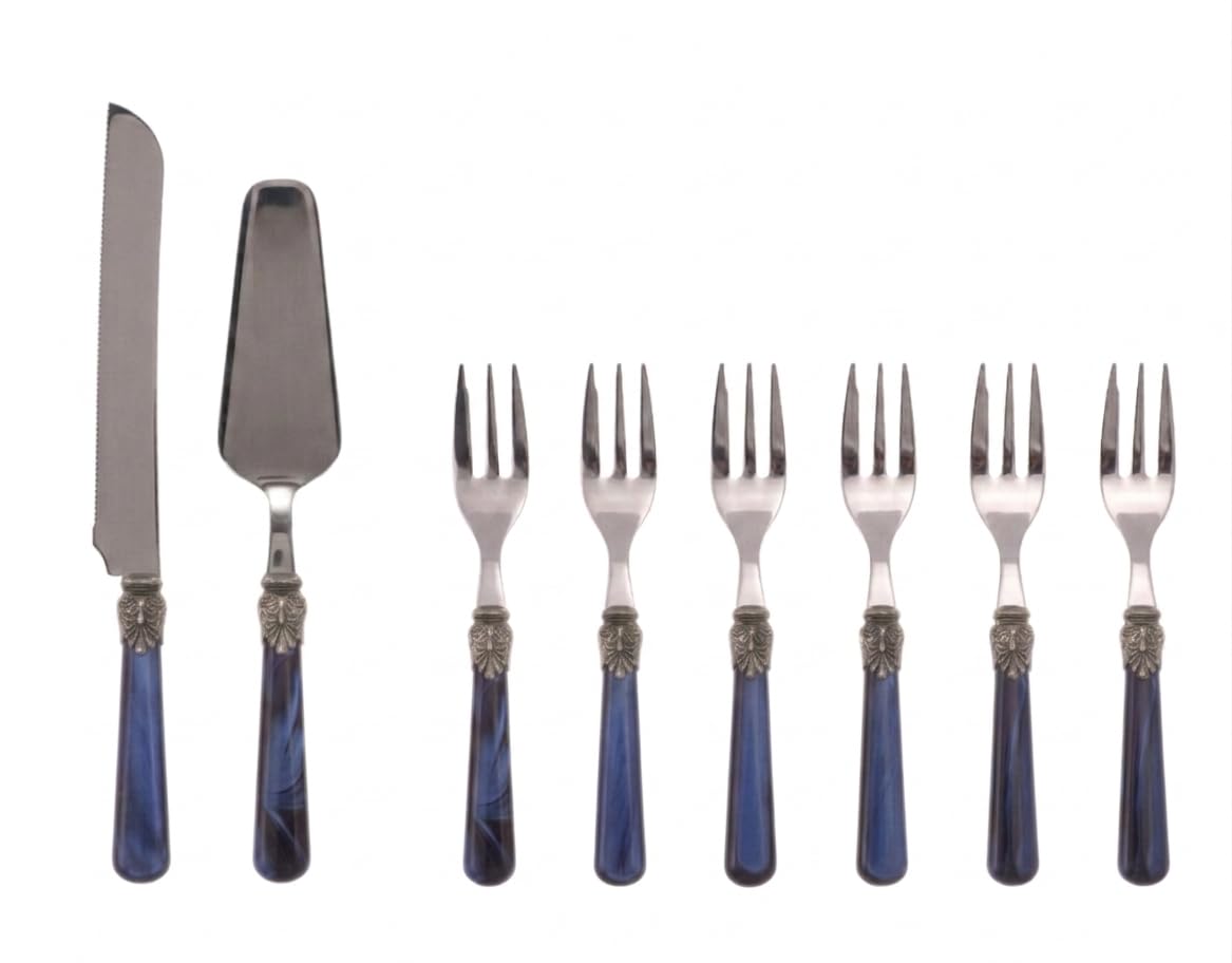 MODALYSSA Set 8 Pezzi Posate Dolce Madreperla Blu Imperiale – Pala e Coltello Torta e 6 Forchettine – Acciaio Inox 18/10 – Design Elegante e Vintage– 100% Made in Italy