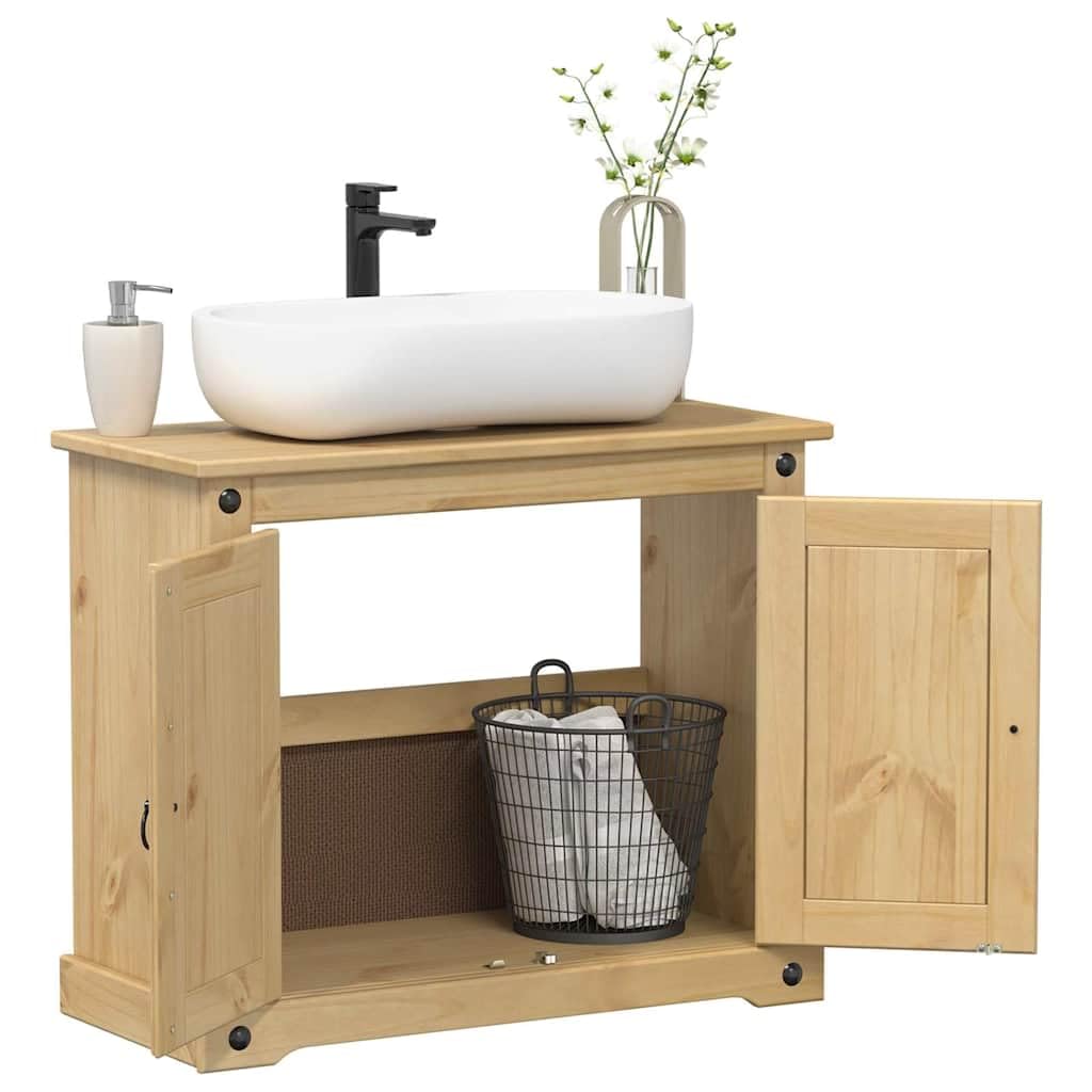 Szafka pod umywalkę Corona z litego drewna sosnowego, 73 x 33 x 60 cm, z metalowymi uchwytami, meble łazienkowe, szafka pod umywalkę z drzwiami i regałem, idealna do umywalki i WC dla gości