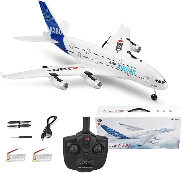 RC Airplane A120 Aircar A380 Model Remote Control Plane WLtoys 3CH 2.4Ghz RC Airliner for Kids and Adults EPP RTF Fixed Wing RC Planes with 2 Batteries Christmas Birthday Gifts (Regular Version)