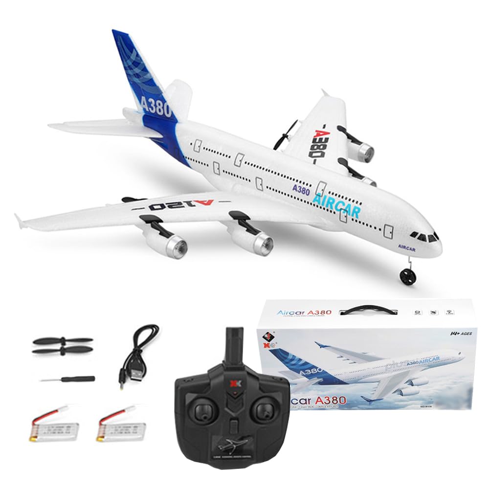 RC Airplane A120 Aircar A380 Model Remote Control Plane WLtoys 3CH 2.4Ghz RC Airliner for Kids and Adults EPP RTF Fixed Wing RC Planes with 2 Batteries Christmas Birthday Gifts (Regular Version)
