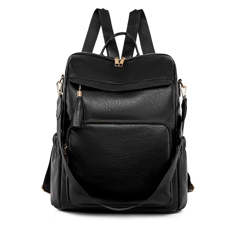 Mochila Feminina em Couro Sintético, Marrom Caramelo, com Alça Transversal e Tassel, Multifuncional (preto)