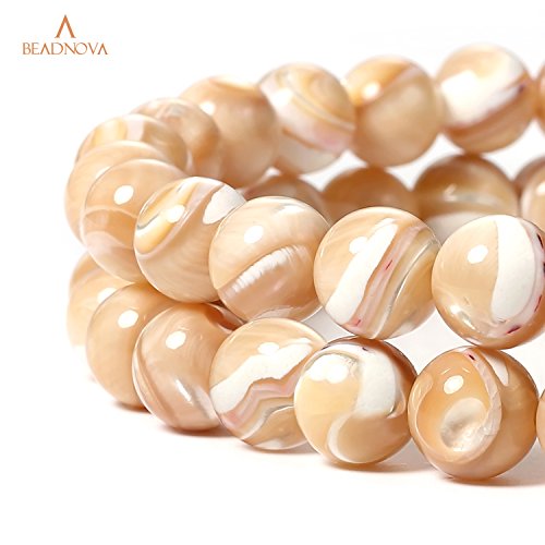 Image of BEADNOVA Natural Mother of Pearl Nacre Conch Shell Beads Natural Crystal Beads Stone Gemstone Round Loose Energy Healing with Crystal Stretch Cord for Jewelry Making (10mm, 36-38pcs)