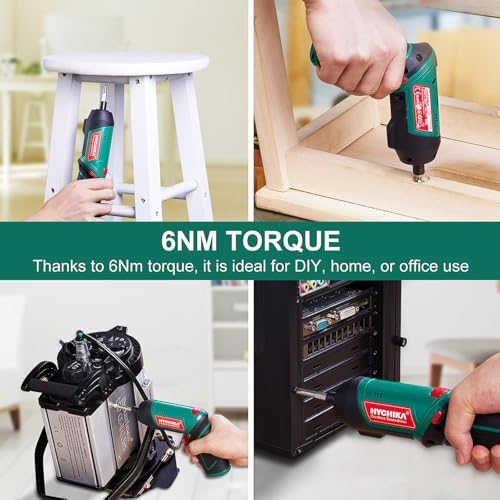 Image of Cordless Screwdriver 6 N.m, HYCHIKA 3.6V 2.0Ah Rechargeable Electric Power Screwdriver Gun, Adjustable 2 Position Handles, Front LED, DC Charging, 20pcs Accessories