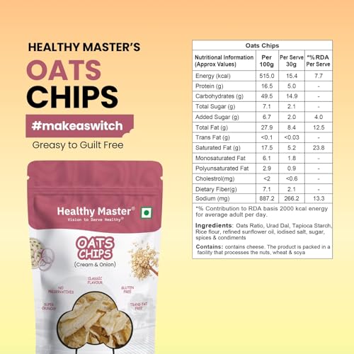 Image of Healthy Master Oats Chips Combo 100g - Pack of 3 | Light & Crispy Chips, high protein | Natural ingredients, Vegan, Gluten Free, No Palm Oil, No Artificial Preservatives, Trans Fat Free, Low Calorie