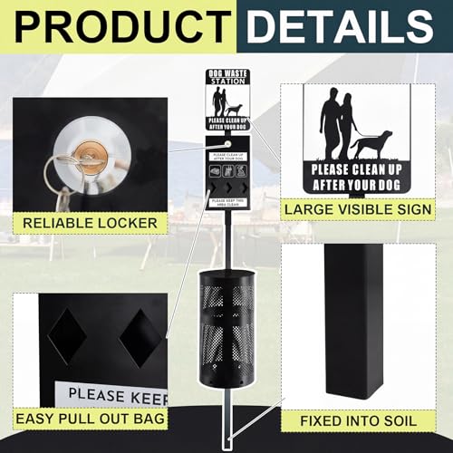 Image of Qinyoung Dog Waste Station Galvanized Steel Outdoor Pet Bin with Poop Bag Dispenser Reflective Sign Rust Proof for Backyard Commercial Park (Black)