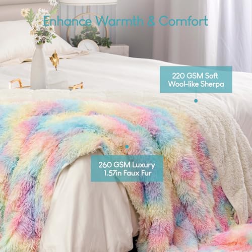 Image of Cottonblue Weighted Blanket 15lbs Queen Size, Soft Faux Fur Sherpa Blanket, Reversible Fluffy Fleece Reverse Blankets, Warm and Cozy Rainbow Throw Decorative for Bedroom Sofa Floor, 60 inchx80 inch
