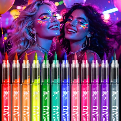 KASURE Peinture Corporelle Lavable, Stylo UV 12 Couleurs, Peinture Phosphorescente Corps, Marqueurs de Tatouage Peau Solubles, Maquillage Fluorescent dans le...