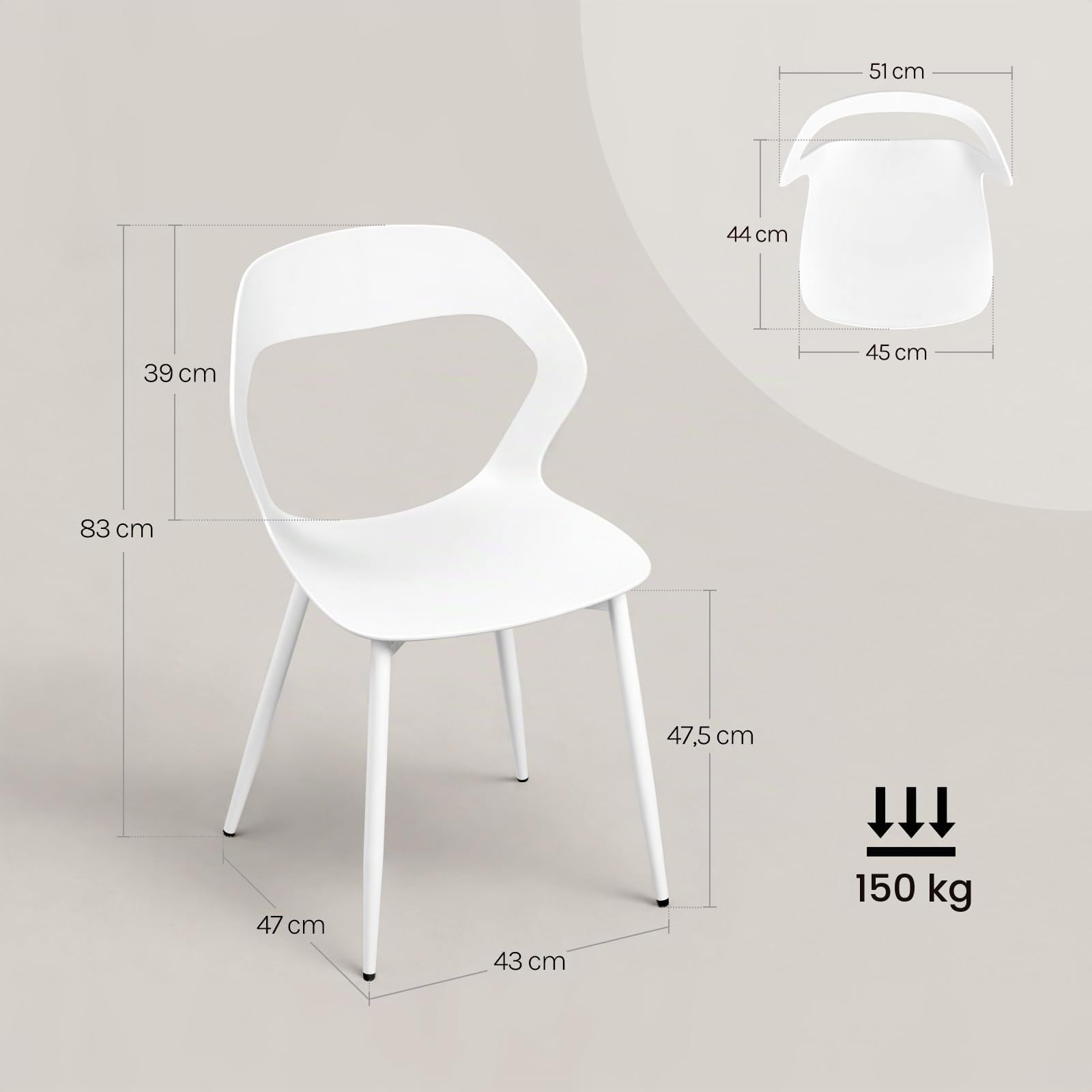 WOLTU Juego de 6 Sillas de Comedor,PP,Blanco | Moderna con Respaldo Calado, Impermeable, Patas de Metal, Carga hasta 150 kg, para Salón, Dormitorio o Estudio