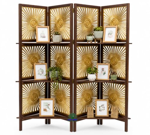 Image of Elegant Wooden Room Divider Screen with Shelves | Foldable 4 Panel Privacy Partition Wall Featuring Golden Sunburst Art Design for Home, Living Room & Workspace