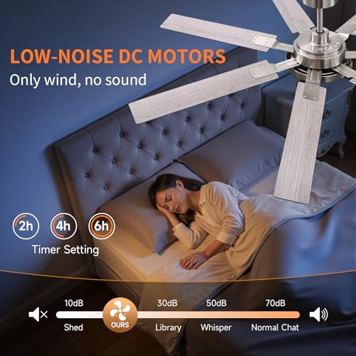 Image of 64 Inch Ceiling Fans with Lights and Remote, Bedroom Living Room Office Library Cafe Outdoor Industrial, 5CCT Dimmable, Dual Color 7 Blades, 6 Speed Reversible Quiet DC Motor, Sand-nickel /Wood Grain