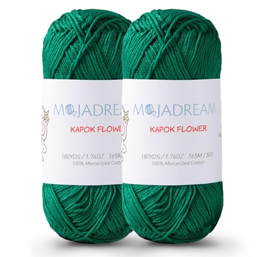 Image of 2 Pack of 180YDS /1.76OZ 100% Cotton Yarn, Soft Mercerized Cotton for Amigurumi with Easy-to-See Stitches, Fine-Sport #2, Amigurumi Cotton Yarn for Crocheting Strong and Silky, Green