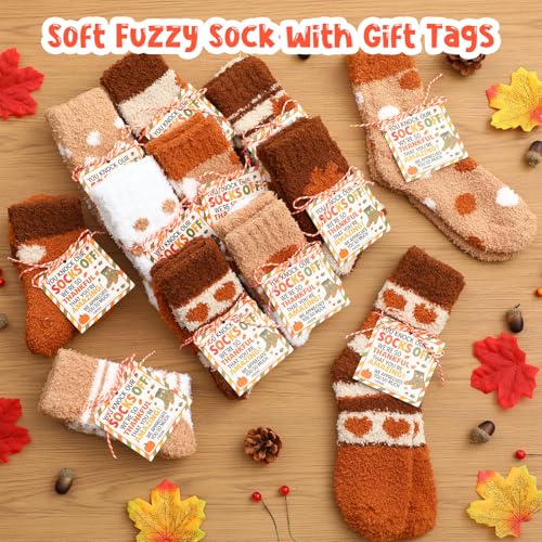 Jeyiour 30 Pairs Fall Thanksgiving Socks Set Soft Fuzzy Sock with Gift Tags Stocking Fluffy Cozy Slipper Stocking Warm Winter Gift for Women3