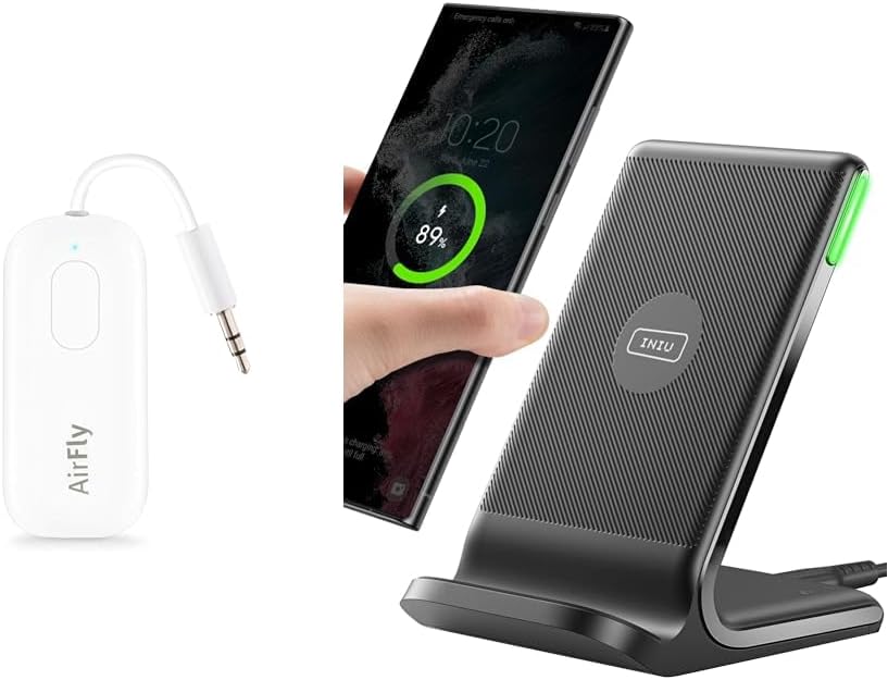 Twelve South AirFly Pro Bluetooth Wireless Audio Transmitter/Receiver & INIU Wireless Charger, 15W Fast Qi-Certified Wireless Charging Station with Sleep-Friendly Adaptive