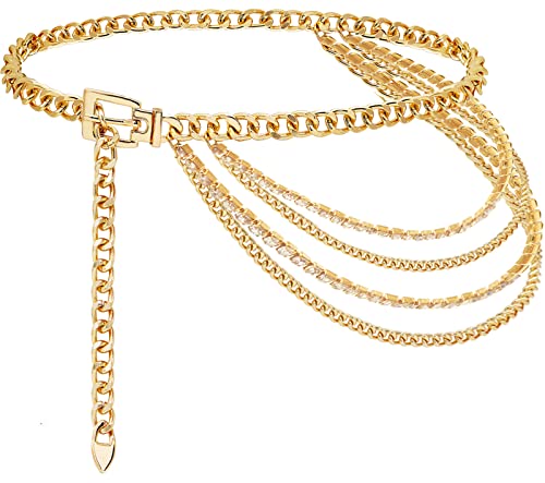 Suyi Chain Belt for Women Rhinestone Gold Chain Belt Multilayer Metal Waist Chain