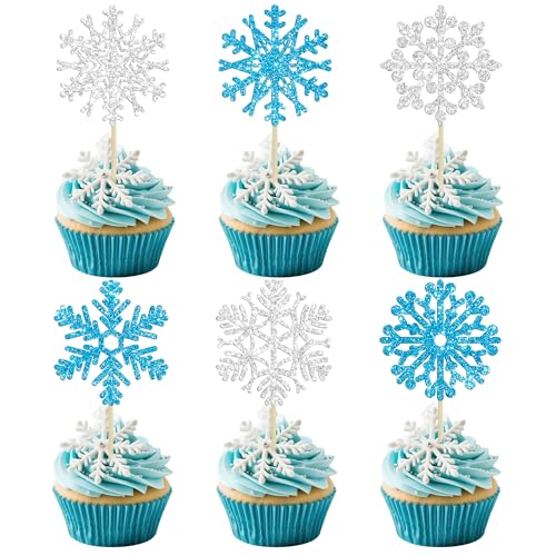 24Pcs Snowflake Cupcake Toppers Blue Silver Glitter Winter Snowflake Cupcake Picks Frozen Cake Toppers for Baby Shower Kids Birthday Christmas Party Cake Decorations Supplies