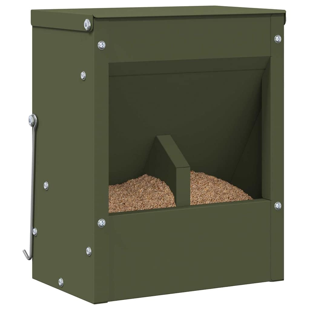 Comedero para conejos verde oliva de acero laminado en frío, 20 x 12,5 x 25 cm, resistente a la intemperie, con gancho y drenaje, para interior y exterior, capacidad de 3 kg