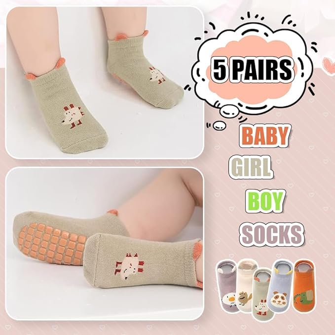 AVAIRTHZZ Pack of 5 Baby Anti-Slip Cartoon Socks for Boys & Girls | Soft Cotton Non-Skid Socks with Grips for Infants & Toddlers | Breathable, Stretchable, Cute Animal Printed Baby Footwear 2