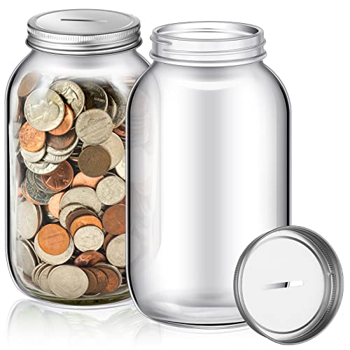 Skylety 2 Pack Large Clear Glass Coin Bank with Slotted Silver Lid - Adults Money Saving Tip Jar for Kids Raffle Ticket Drawing Fund Box