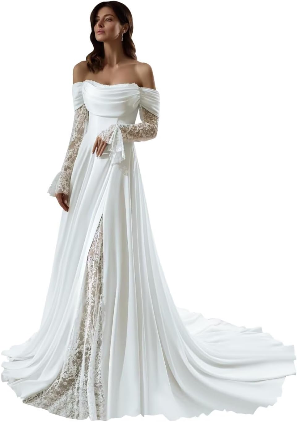 SyZRxyLe Long Sleeves Wedding Dresses for Bride 2025 Beach Boho Lace Chiffon Satin Bridal Dress for Wedding