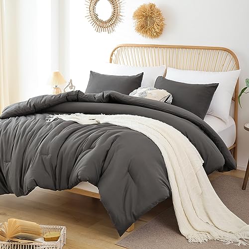 Image of ROSGONIA Oversized King Comforter Charcoal Gray, 3pcs (1 Grey Comforter & 2 Pillowcases), Soft Lightweight Oversized King Size Comforter Sets Bedding