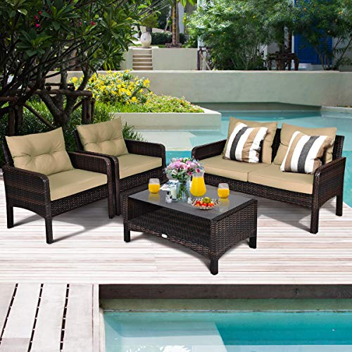 Tangkula 4 Piece Patio Furniture Set, Outdoor Wicker Conversation Set With Glass Top Coffee Table, All Weather Proof And Thick Cushions, Suitable For Porch, Garden, Poolside And Lawn (Brown) #TOP2