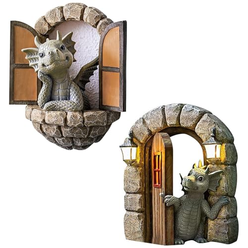 Lumeclat Set de 2 esculturas de dragones para jardín y balcón - Figura decorativa de resina, Dragón de la puerta, adorno para pared y árbol, dragón meditando, ideal para terraza, patio y exteriores