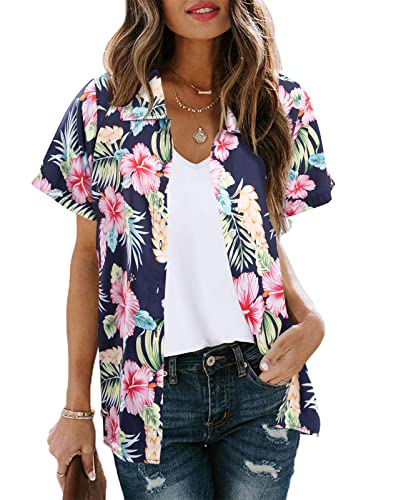 MYHALF Women Hawaiian Shirt Soft Cool Summer Hawaii Shirts Floral Tropic Print V Neck T-Shirt Short Sleeve Button Up Tops2