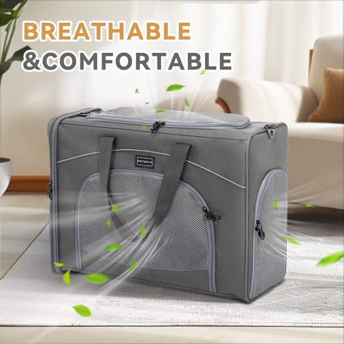 Petsfit Hundetasche Flugzeug 55x40x23 & Flugtasche Hund | Transportbox Katze | Transporttasche Hund Katzen | Sicherer Transport in Auto, Flugzeug und Bahn,mit 2 Platzierung-Methode, L//Grau