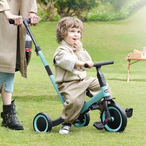 Image of newyoo Tricycles for 1-3 Year Olds, Toddler Bike, Birthday Gift and Toy for Boys and Girls, Toddler Tricycle with Parent Push Handle, Trike with Backrest and Safety Belt, Blue, TR007