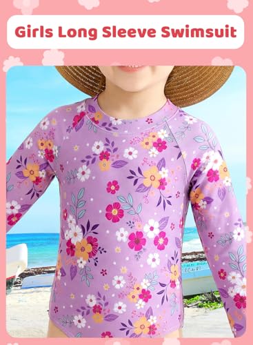 Image of Alakuoti Long Sleeve One Piece Ruffle Swimsuit for Toddler Girls Baby Girl Rashguard Shirt with UPF 50+ Sun Protection
