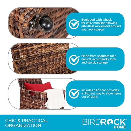BIRDROCK HOME Seagrass Rolling File Cabinet - Storage Organizer Box with Lid - Home Office Decor - Decorative Organize - Letter Legal Hanging Filing Container - Strong Durable Toy Pillow - Espresso