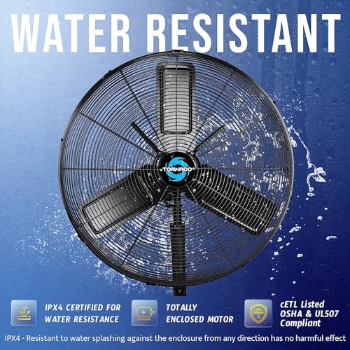 Tornado 30 Inch Outdoor Rated IPX4 Water-Resistant High Velocity Oscillating Wall Mount Fan For Industrial Use TEAO Motor 2 Speed 8400 CFM cETL Listed by Tornado - Image 4